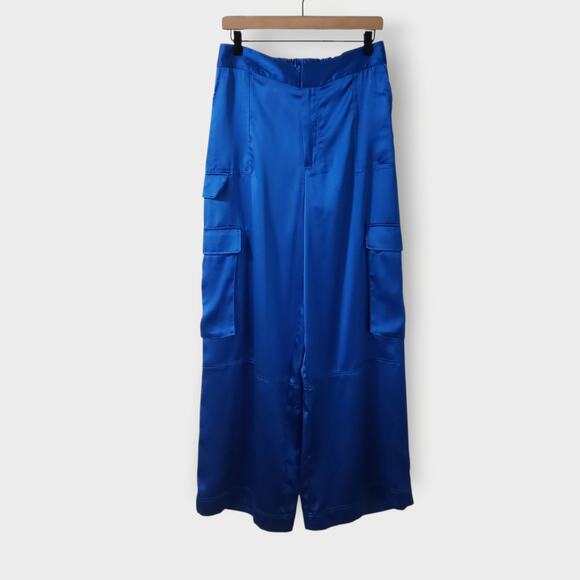 NWT House Of Harlow 1960 Satin Cargo Wide Leg Pants Royal Blue Sz Med Retro City - Picture 1 of 13
